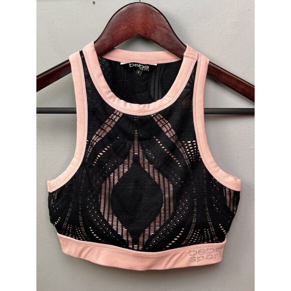 bebe sport Logo Racerback sports bra Womens Small Black Pink bling‎ Athletic